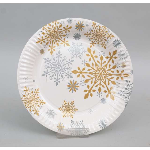 Set 6 piatti carta cm.23 bianchi dec.fiocchi neve oro - Principale