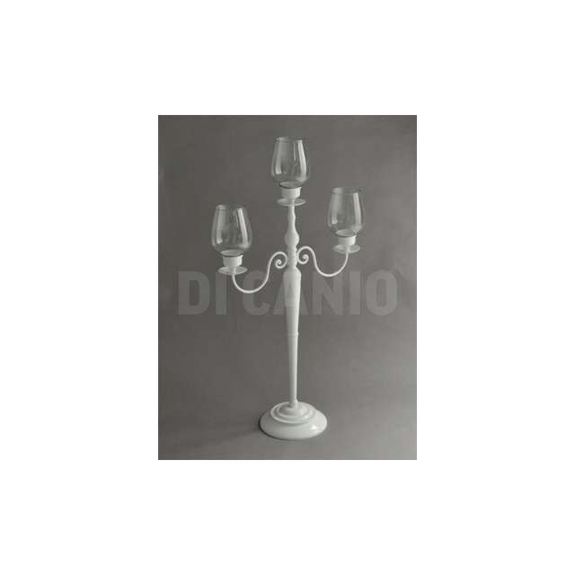 Candelabro ferro bianco 3 posti con vetro cm46x21h89,5 vacchetti - Principale