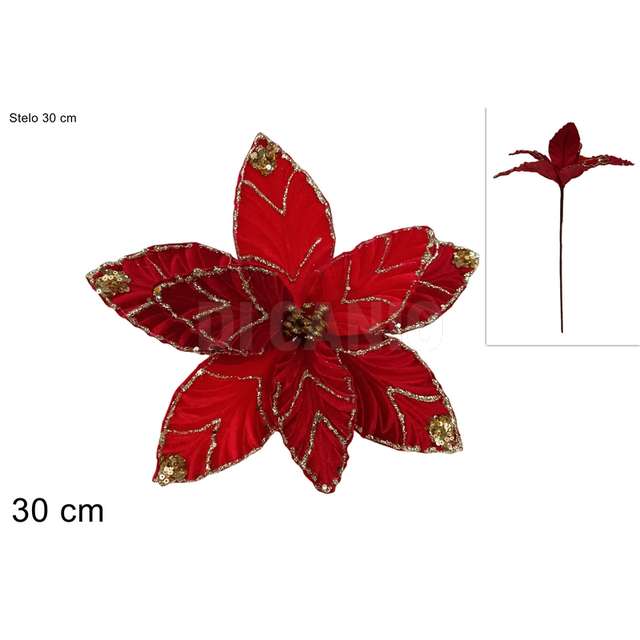 Stelo fiore 30 cm. velluto con glitter/pailettes rosso - Principale