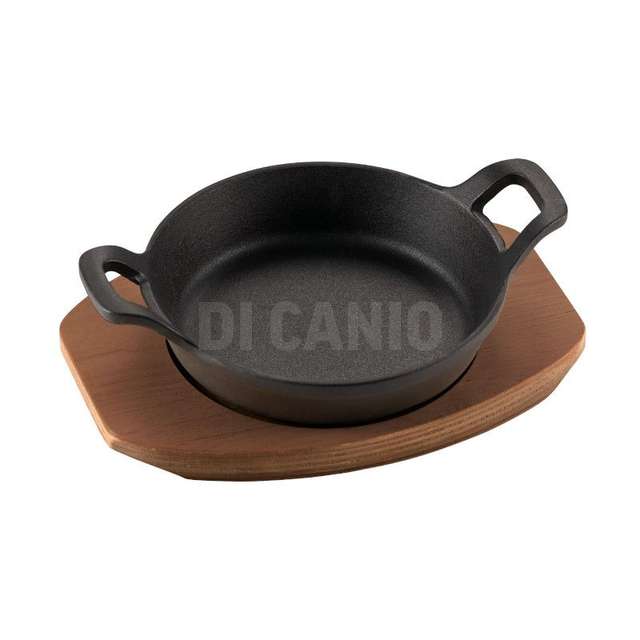 Mini tegame tondo ghisa smaltata con vassoio in legno multistrato cm.16 - Principale