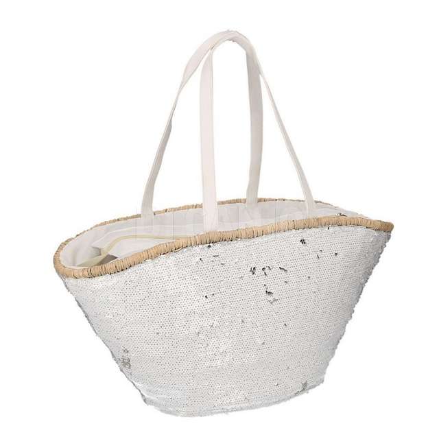 Borsa paglia con paillettes bianco cm60x16h30 - Principale