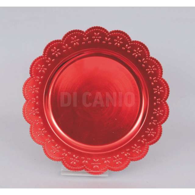 Piatto plastica tondo cm.33 smerlato fiori rosso metallizzato - Principale