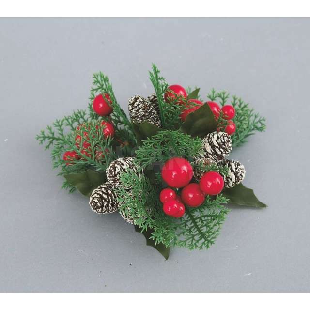 Girocandela plastica cm.13 dec.pigne p.bianche bacche rosse - Principale