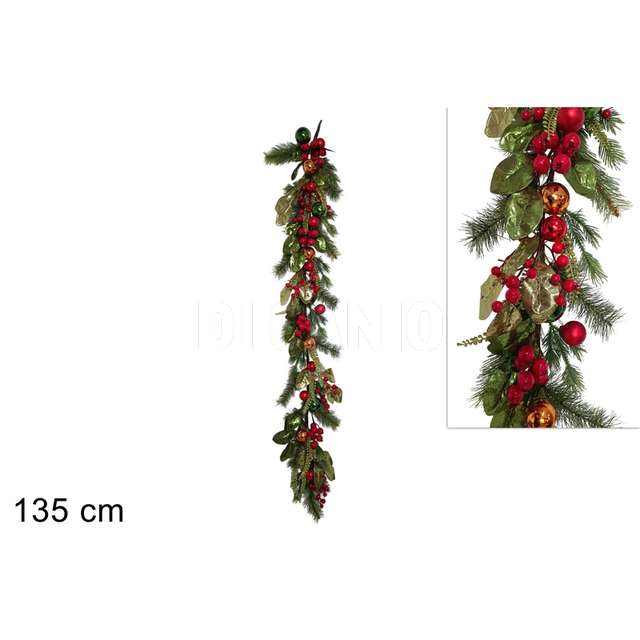 Ghirlanda 135 cm. con foglie verdi glitter con palle colorate - Principale