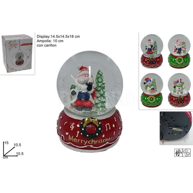 Ampolla 10 cm. con carillon con babbo natale/snowman con note music. 4ass. - Principale