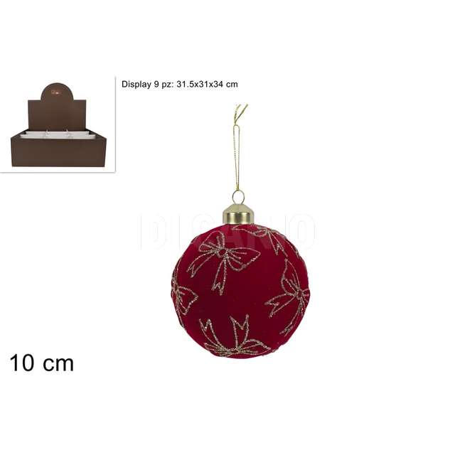 Palla vetro 10 cm in velluto rosso cfiocco glitterato in display - Principale