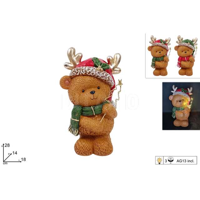 Orso natalizio 28 cm. decorato con oro con luce 2 ass. - Principale