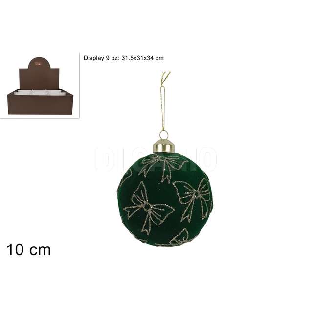 Palla vetro 10 cm in velluto verde cfiocco glitterato in display - Principale