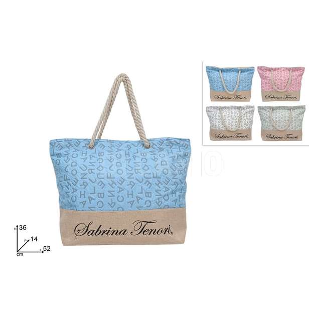 Borsa mare fantasia lettere con manico corda 4 assortimenti - Principale
