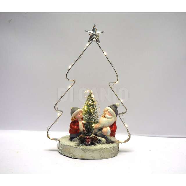 Albero natale metallo con base tronco nevato con luci h. 28,8x18,6x13 cm. - Principale