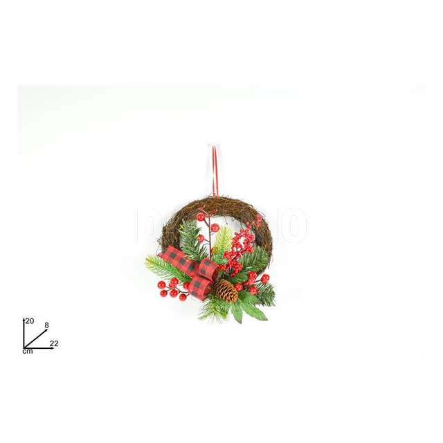 Dietroporta tondo 20 cm. legno bacche rosse e fiocco scozzese - Principale