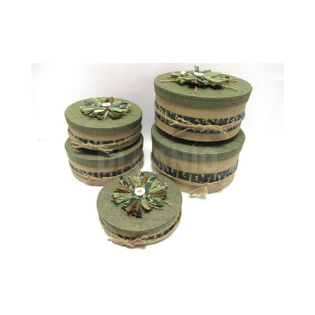Set 5scatole rotonde c_fiocco raffia c_bottone (cop.juta) creare - Principale