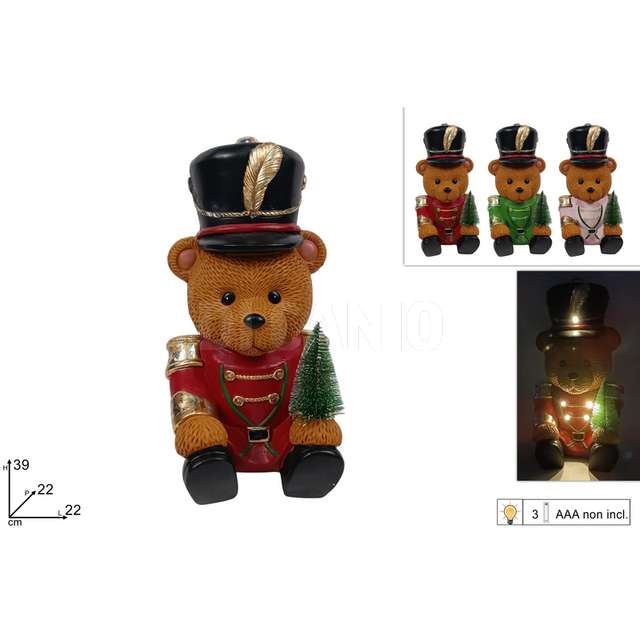 Orso soldato seduto con alberello con luci 3 ass. - Principale