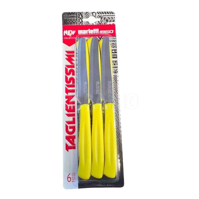 Conf. 6 coltelli tavola lama dentata cm.11 giallo taglientissimi new 1860 - Principale
