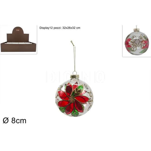 Palla vetro trasparente 8cm c poinsettia - Principale
