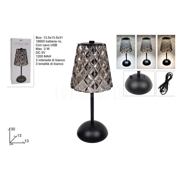 Lampada led con base in metallo nero ricaricabile c/3 tonalita di bianco - Principale