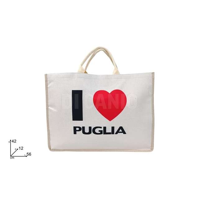 Borsa mare 56x42cm juta bianca con scritta i love puglia - Principale