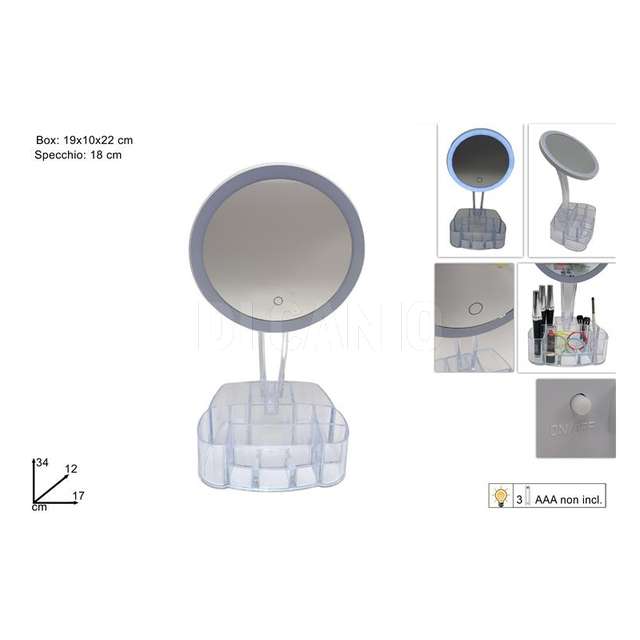 Specchio luminoso dm.18 cm con base porta trucchi a batteria - Principale