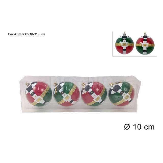 Palle 10 cm. 4pz ass. rosso/verde con decoro cinta babbo natale in box pvc - Principale