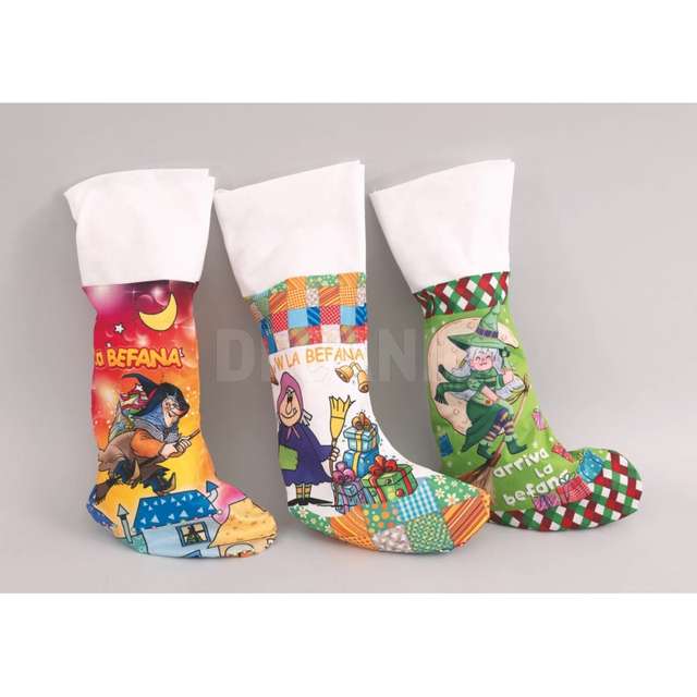 Calza panno cm.43 dec.befana fascia bianca c/scopa 3 mod.ass. - Principale